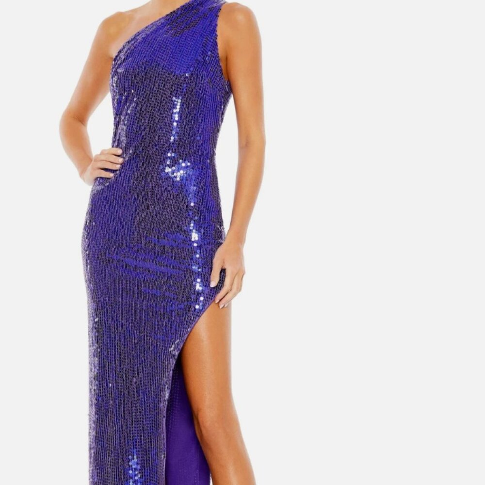 NWT $498 Mac Duggal Sequined One-Shoulder Gown Purple High Split Size 2